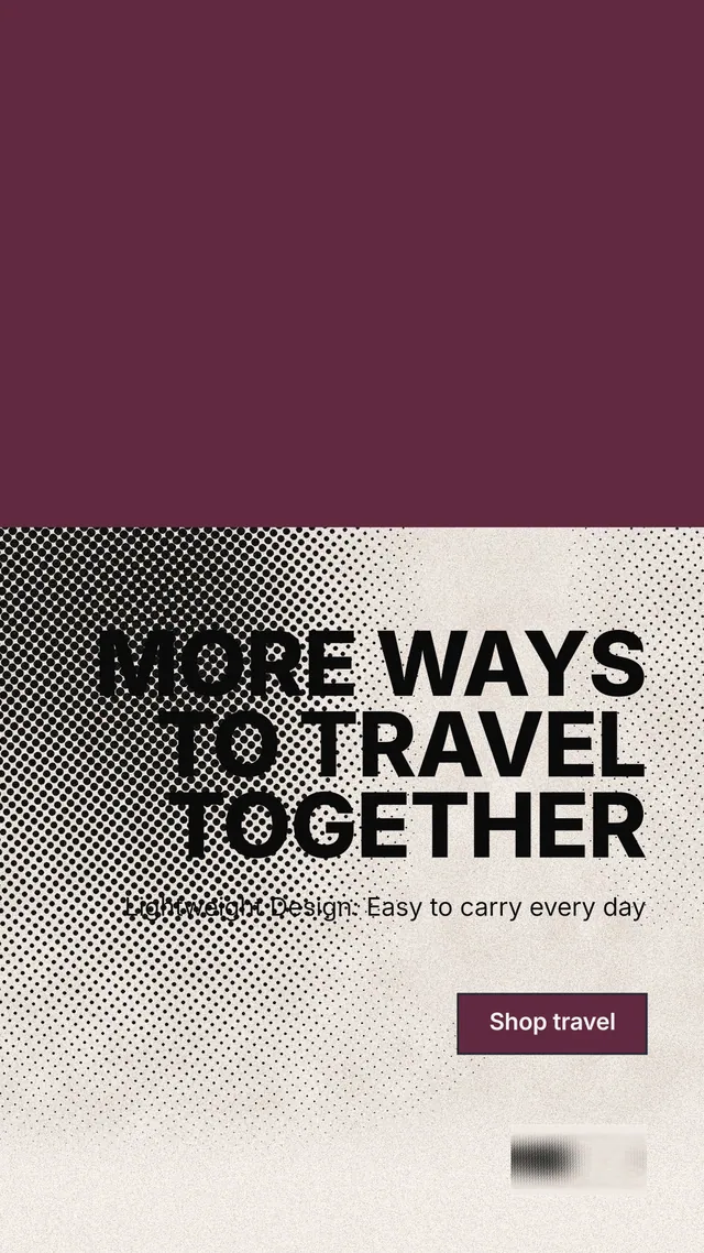 Instagram story for By Teddy: "MORE WAYS TO TRAVEL TOGETHER". Ink sticker style, right layout, light palette in red, orange, grey.