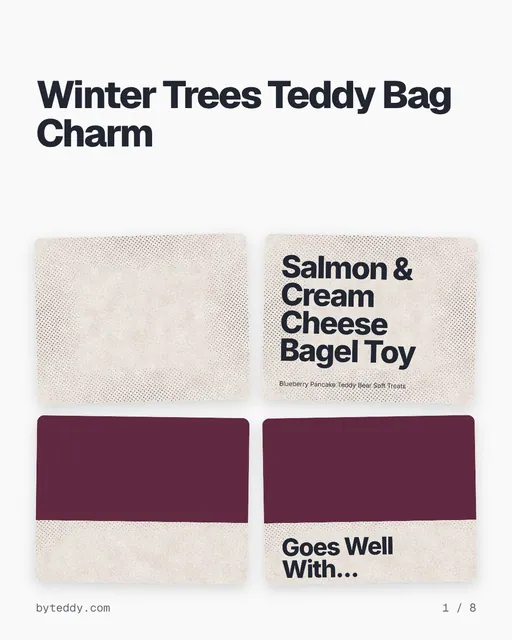 Carousel for By Teddy: "Winter Trees Teddy Bag Charm". Collection carousel, 8 slides, light palette.
