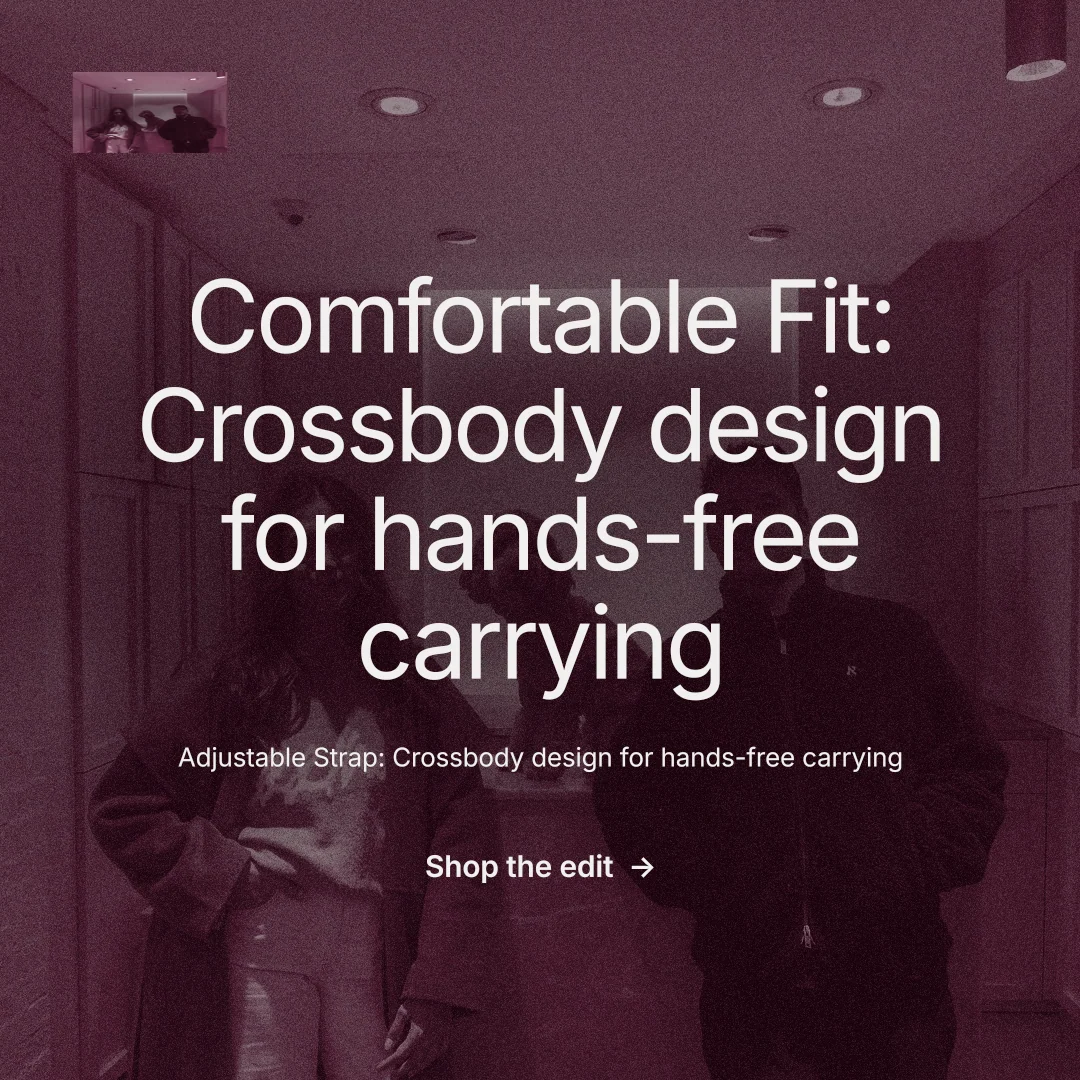 Instagram post for By Teddy: "Comfortable Fit: Crossbody design for hands-free carrying". Film still style, centred layout, dark palette in red, black, pink.