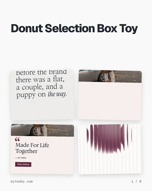 Carousel for By Teddy: "Donut Selection Box Toy". Collection carousel, 8 slides, light palette.
