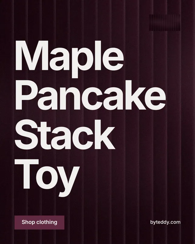 Instagram portrait post for By Teddy: "Maple Pancake Stack Toy". Swiss style, poster layout, dark palette in pink, black, grey.