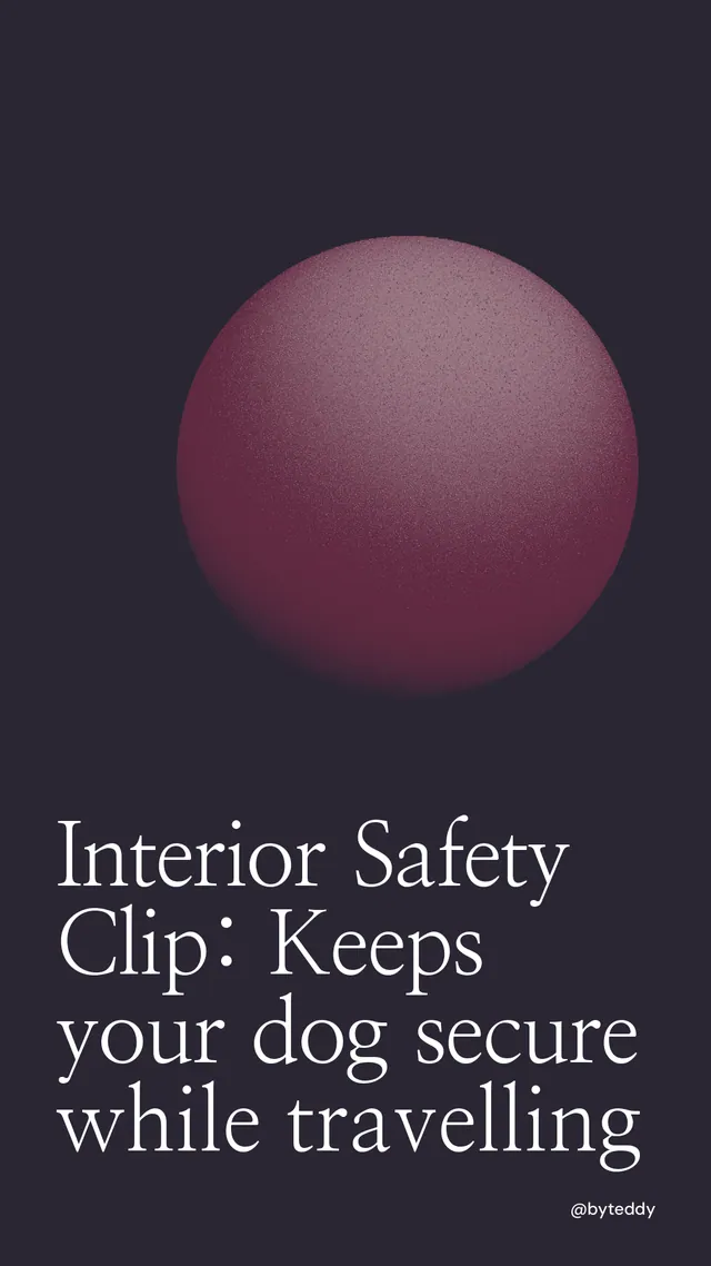 Instagram story for By Teddy: "Interior Safety Clip: Keeps your dog secure while travelling". Auto 9x16 style, technique:shader field layout, dark palette in black, grey.