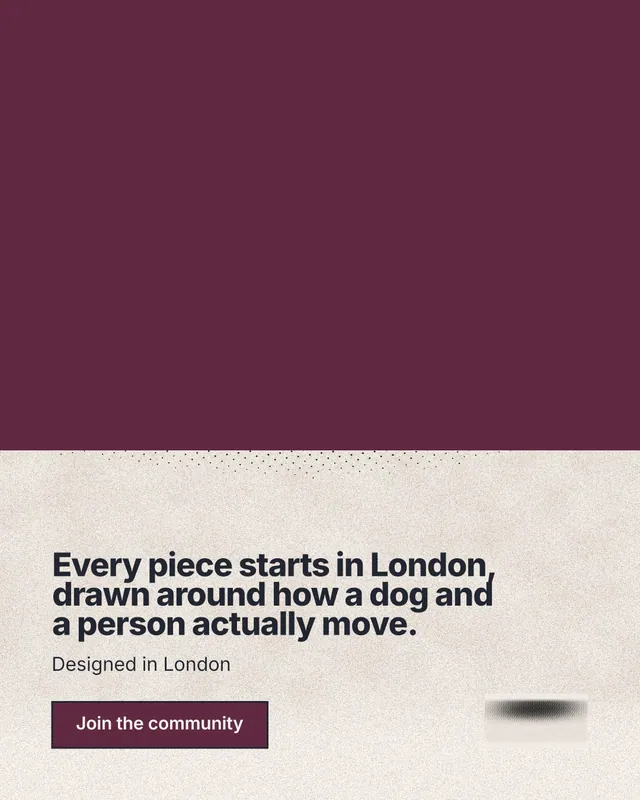 Instagram portrait post for By Teddy: "Every piece starts in London, drawn around how a dog and a person actually move." Ink sticker style, bottom layout, light palette in red, orange.