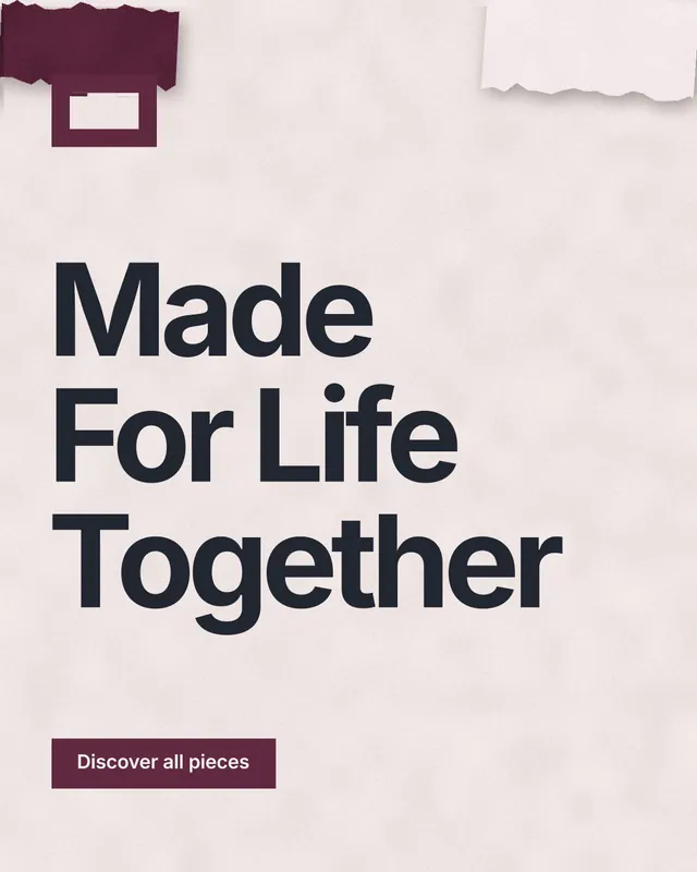 Instagram portrait post for By Teddy: "Made For Life Together". Swiss style, announce layout, light palette in red, grey, white.