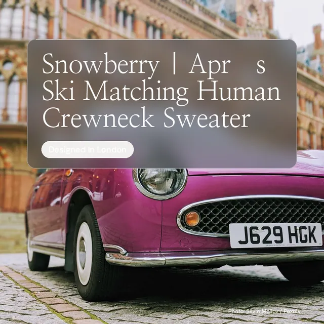 Instagram post for By Teddy: "Snowberry | Après Ski Matching Human Crewneck Sweater". Glass style, technique:pexels ingredient layout, light palette in grey, red.