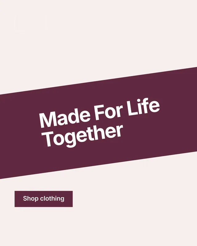 Instagram portrait post for By Teddy: "Made For Life Together". Swiss style, diagonal layout, light palette in white, pink, red.
