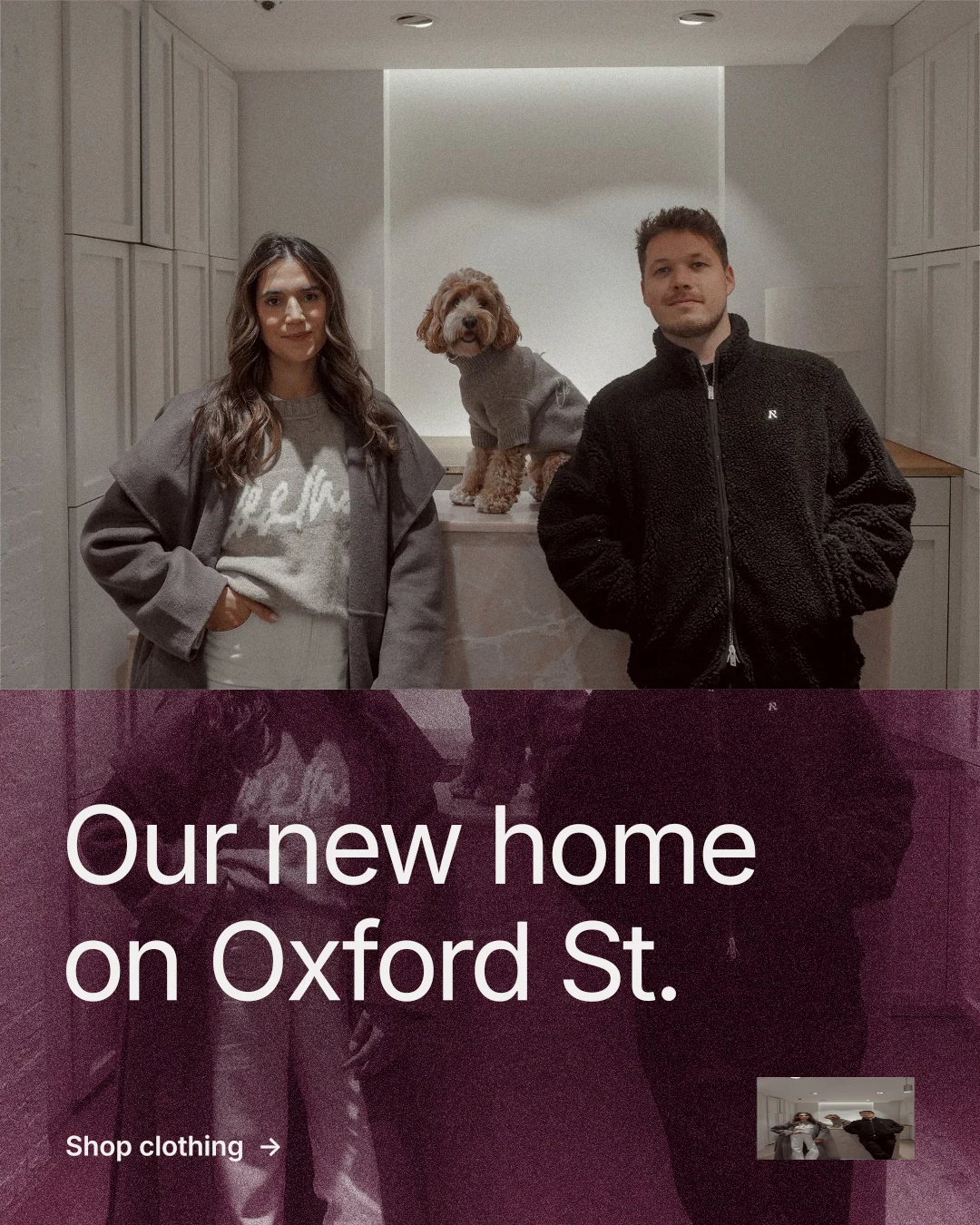 Instagram portrait post for By Teddy: "Our new home on Oxford St." Film still style, bottom layout, dark palette in black, red, grey.