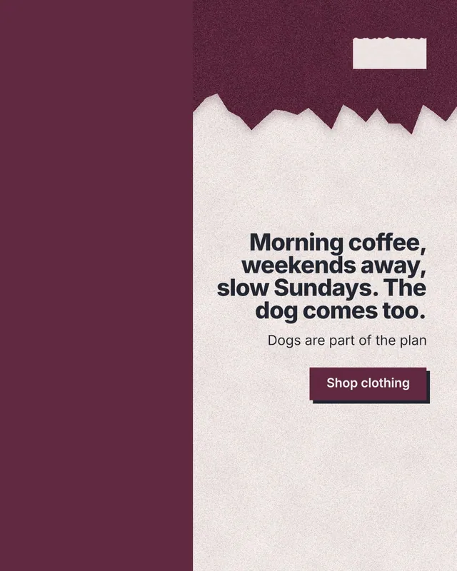 Instagram portrait post for By Teddy: "Morning coffee, weekends away, slow Sundays. The dog comes too." Paper trio style, right layout, light palette in red, orange, white.