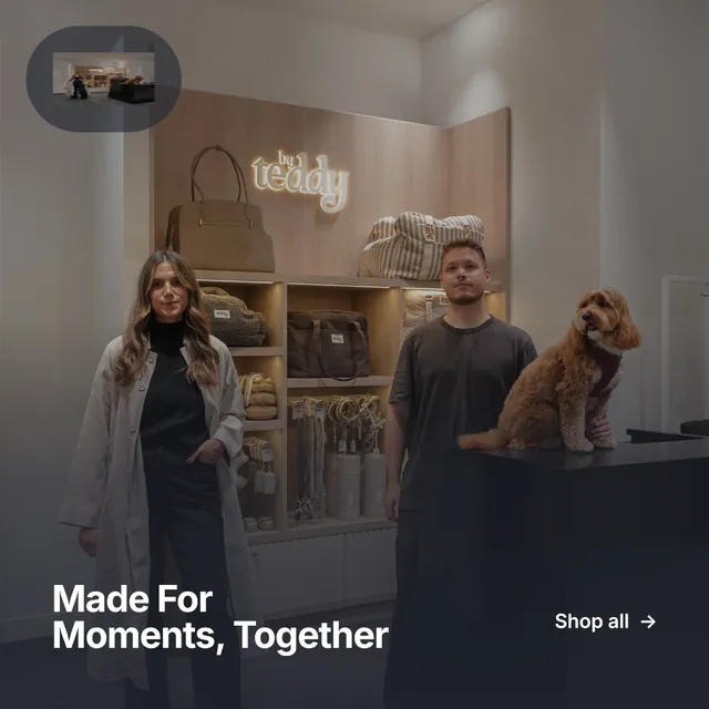 Instagram post for By Teddy: "Made For Moments, Together". Swiss style, image led layout, dark palette in black, grey.