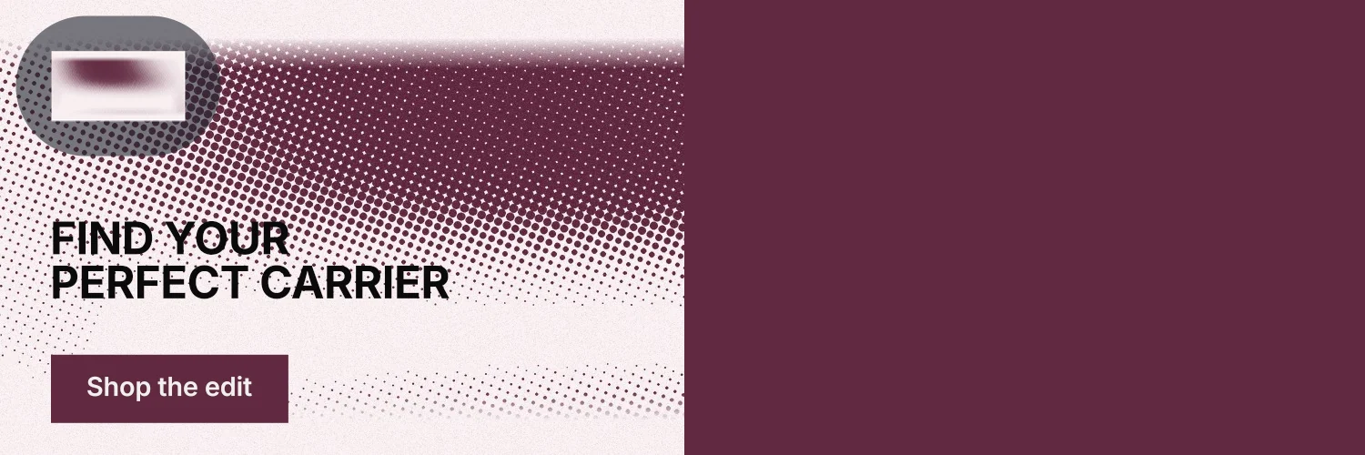 X header for By Teddy: "FIND YOUR PERFECT CARRIER". Swiss style, bottom layout, light palette in red, white, grey.