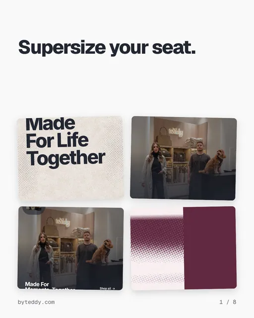 Carousel for By Teddy: "Supersize your seat.". Collection carousel, 8 slides, light palette.