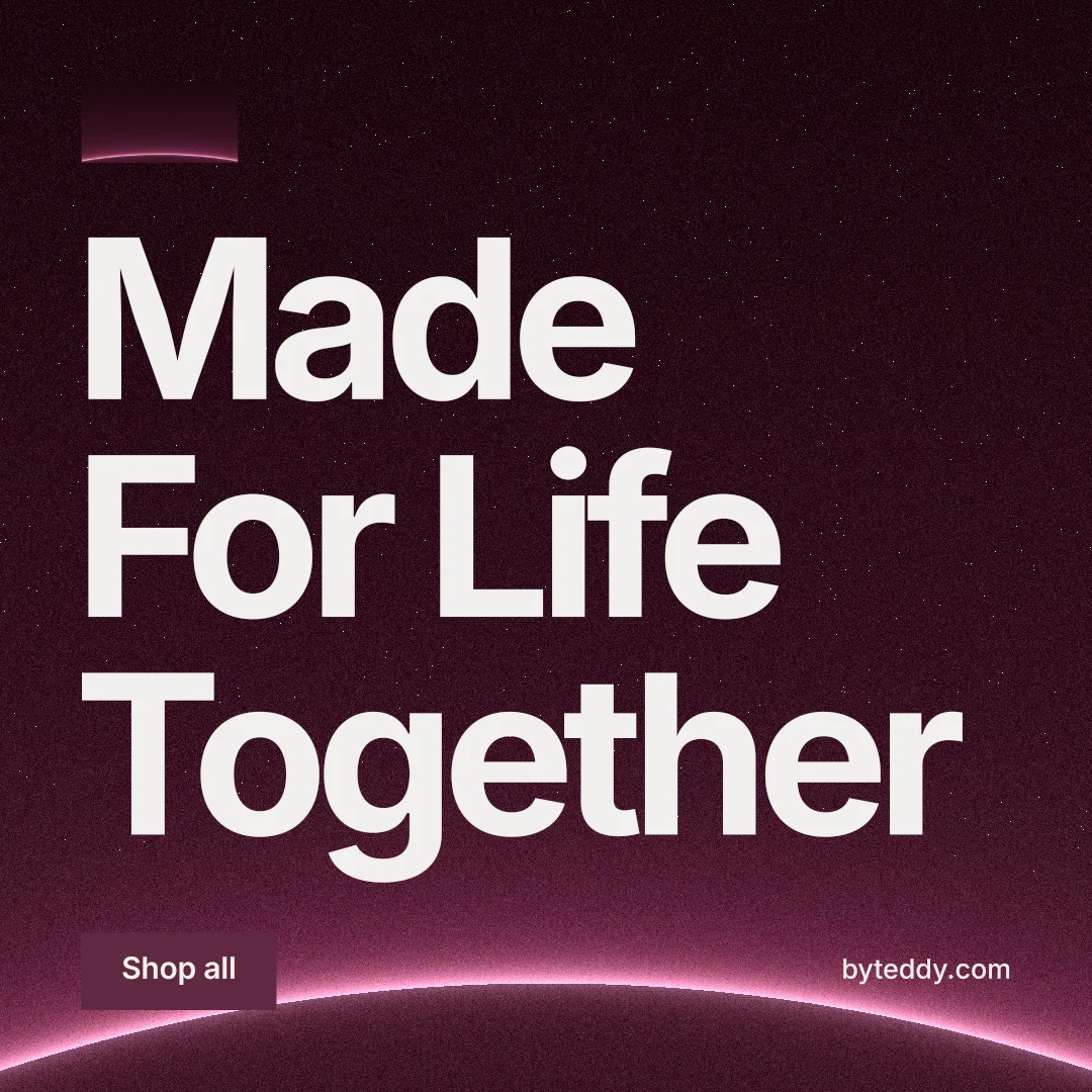 Instagram post for By Teddy: "Made For Life Together". Swiss style, poster layout, dark palette in pink, black, grey.