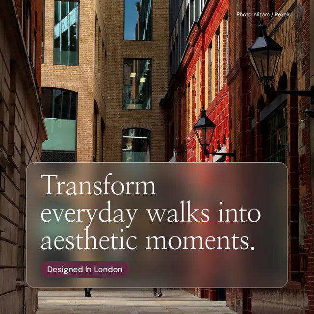 Instagram post for By Teddy: "Transform everyday walks into aesthetic moments." Glass style, technique:pexels ingredient layout, dark palette in red, black, orange.