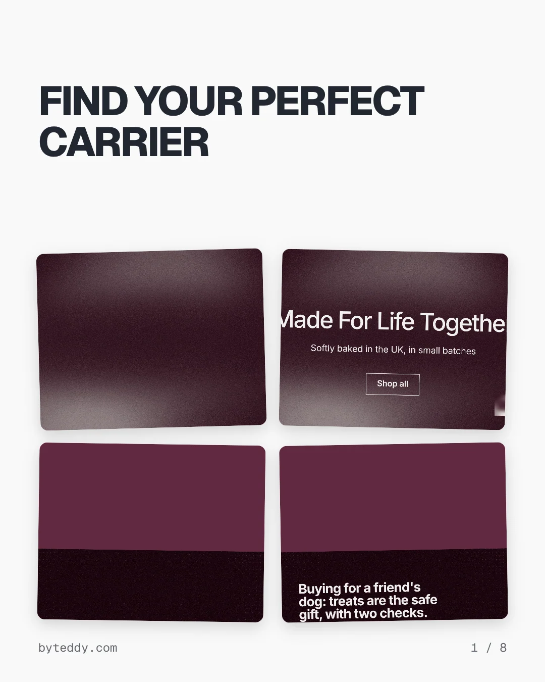 Carousel for By Teddy: "FIND YOUR PERFECT CARRIER". Collection carousel, 8 slides, light palette.