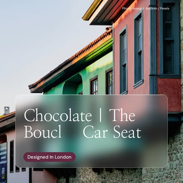 Instagram post for By Teddy: "Chocolate | The Bouclé Car Seat". Glass style, technique:pexels ingredient layout, light palette in grey, black, white.