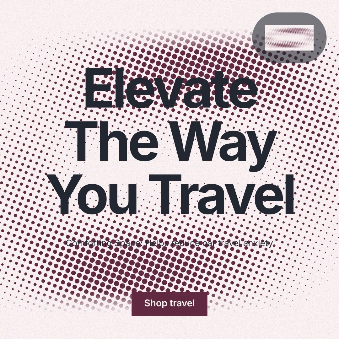 Instagram post for By Teddy: "Elevate The Way You Travel". Swiss style, centred layout, light palette in grey, red, white.
