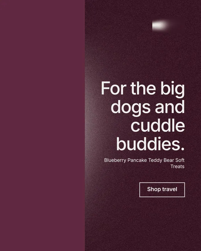 Instagram portrait post for By Teddy: "For the big dogs and cuddle buddies." Cyanotype style, right layout, dark palette in red, grey.
