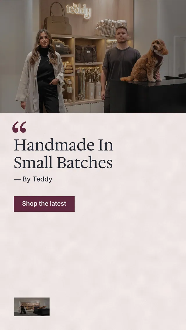 Instagram story for By Teddy: "Handmade In Small Batches". Swiss style, quote layout, light palette in red, grey, white.