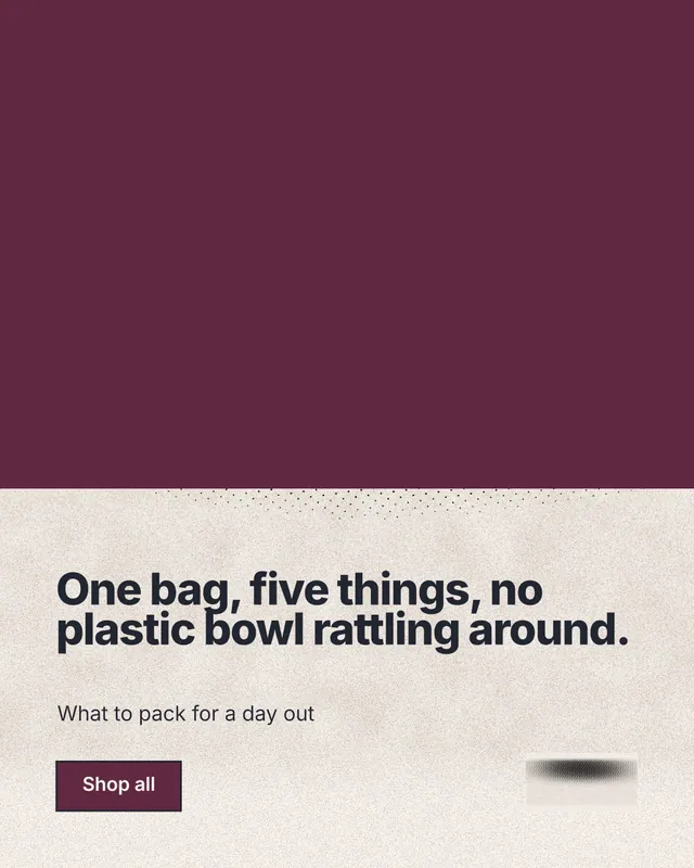 Instagram portrait post for By Teddy: "One bag, five things, no plastic bowl rattling around." Ink sticker style, bottom layout, light palette in red, orange.