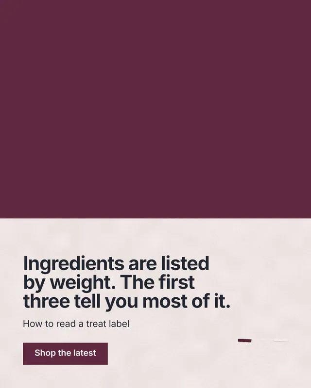Instagram portrait post for By Teddy: "Ingredients are listed by weight. The first three tell you most of it." Swiss style, bottom layout, light palette in red, orange, grey.