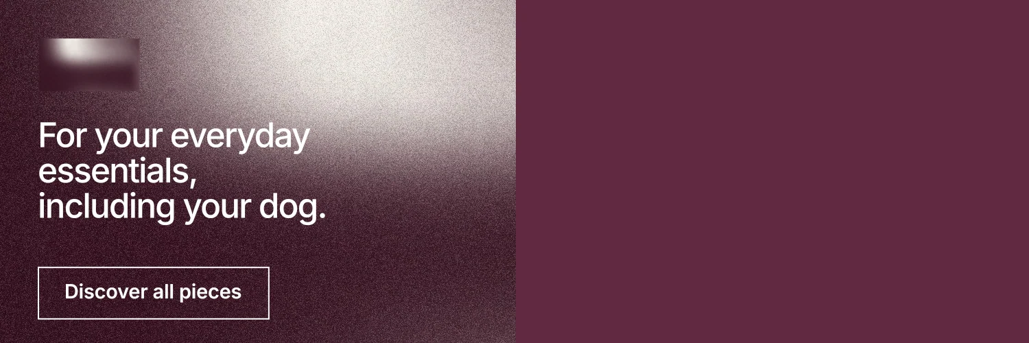 X header for By Teddy: "For your everyday essentials, including your dog." Cyanotype style, bottom layout, dark palette in red, grey.