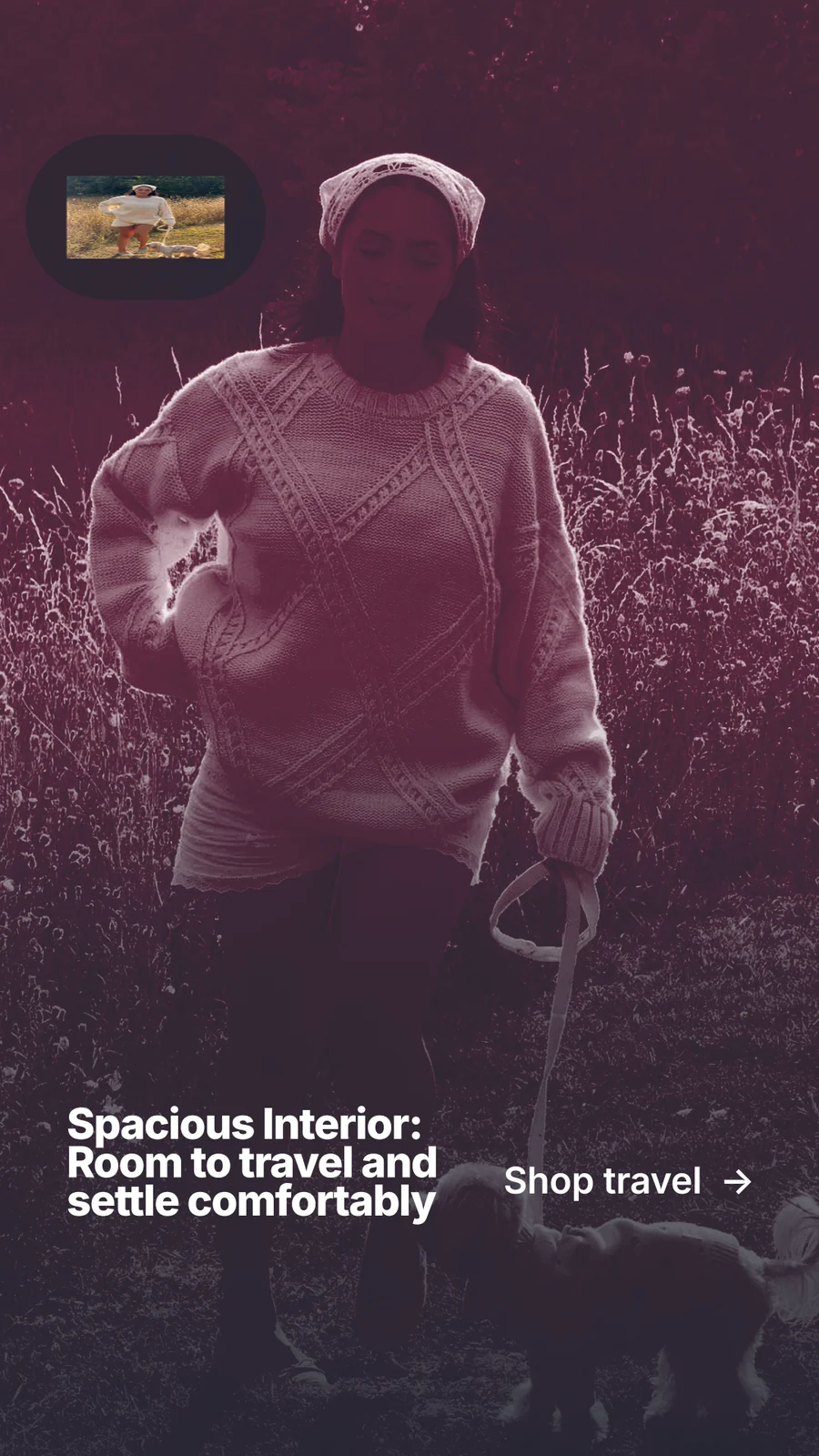 Instagram story for By Teddy: "Spacious Interior: Room to travel and settle comfortably". Ink sticker style, image led layout, dark palette in black, pink, grey.