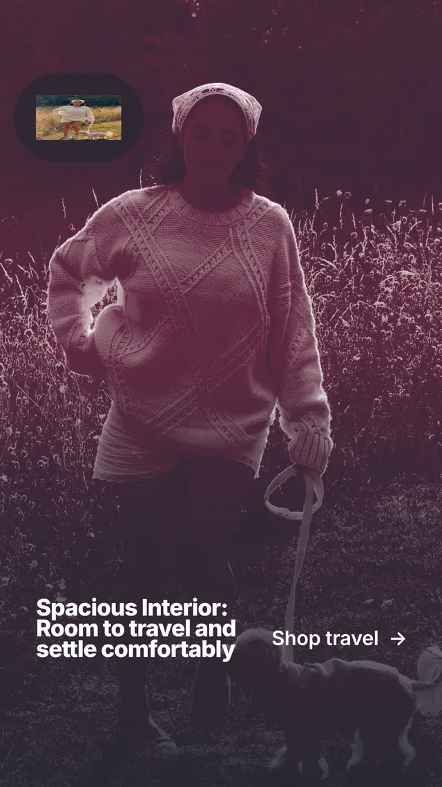 Instagram story for By Teddy: "Spacious Interior: Room to travel and settle comfortably". Ink sticker style, image led layout, dark palette in black, pink, grey.