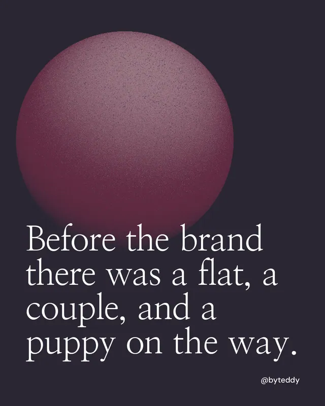 Instagram portrait post for By Teddy: "Before the brand there was a flat, a couple, and a puppy on the way." Auto 4x5 style, technique:shader field layout, dark palette in black, grey, pink.