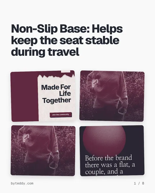 Carousel for By Teddy: "Non-Slip Base: Helps keep the seat stable during travel". Collection carousel, 8 slides, light palette.