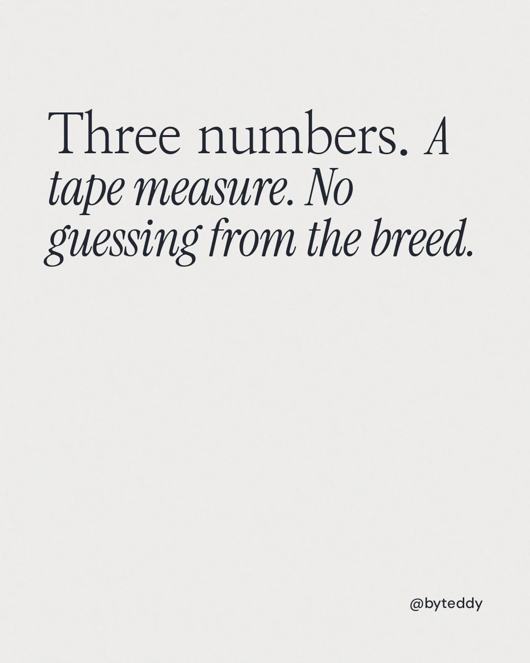 Instagram portrait post for By Teddy: "Three numbers. A tape measure. No guessing from the breed." Editorial style, technique:mixed type lockup layout, light palette in white.