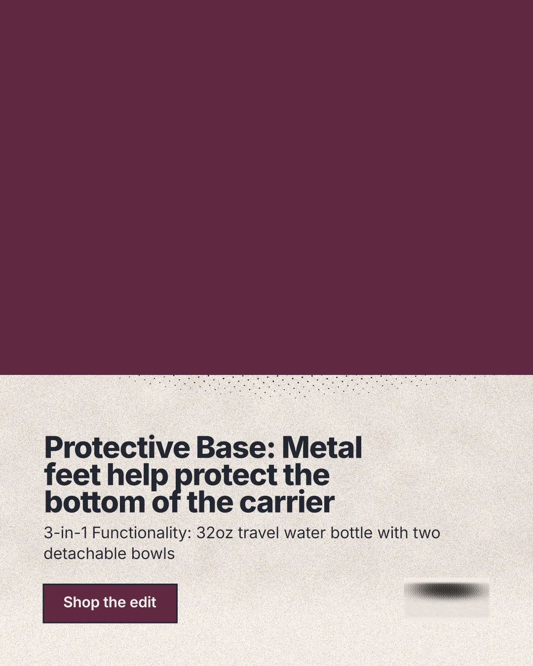 Instagram portrait post for By Teddy: "Protective Base: Metal feet help protect the bottom of the carrier". Ink sticker style, bottom layout, light palette in red, orange, grey.