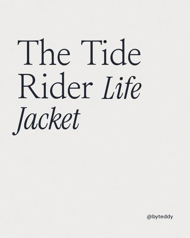Instagram portrait post for By Teddy: "The Tide Rider Life Jacket". Editorial style, technique:mixed type lockup layout, light palette in white.
