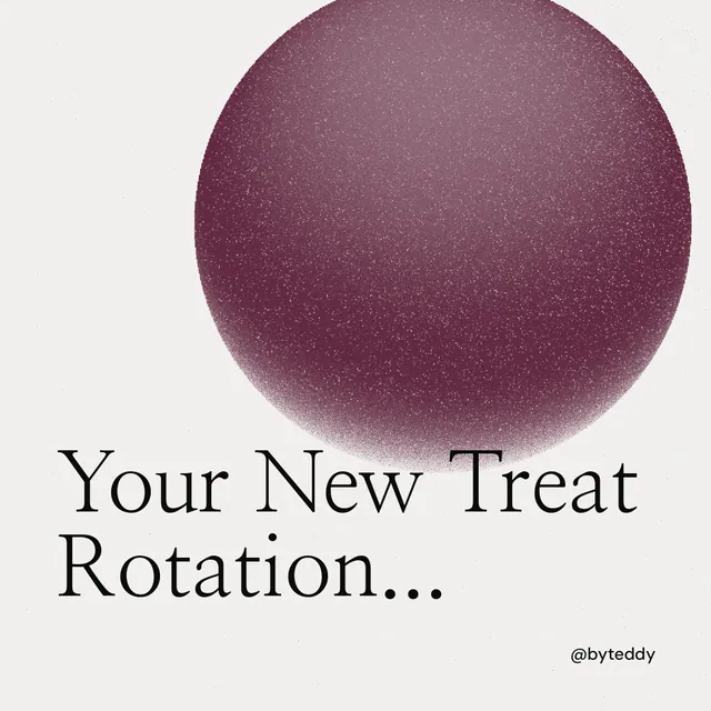 Instagram post for By Teddy: "Your New Treat Rotation..." Auto 1x1 style, technique:shader field layout, light palette in white, red, grey.