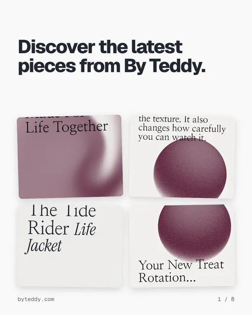 Carousel for By Teddy: "Discover the latest pieces from By Teddy.". Collection carousel, 8 slides, light palette.