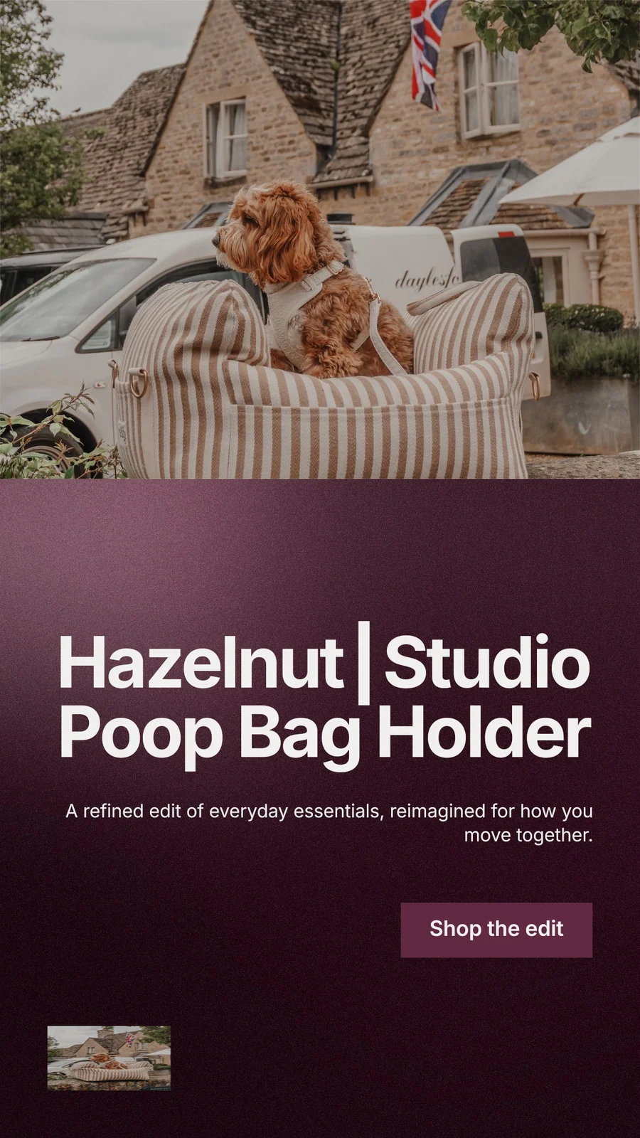 Instagram story for By Teddy: "Hazelnut┃Studio Poop Bag Holder". Swiss style, right layout, dark palette in black, grey, red.