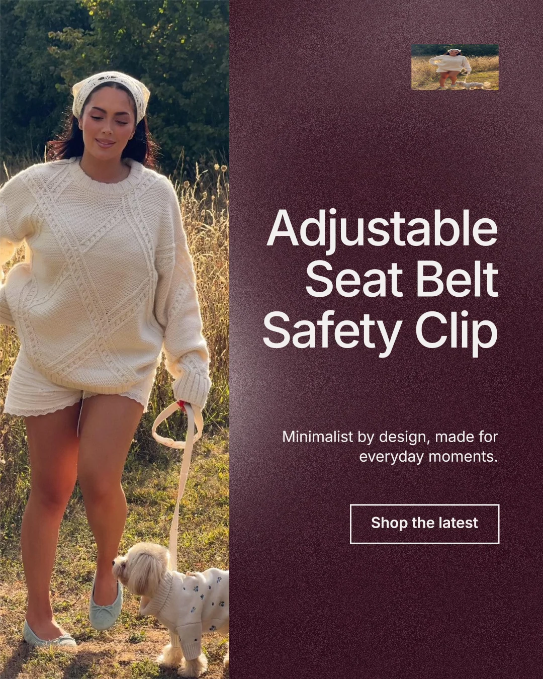 Instagram portrait post for By Teddy: "Adjustable Seat Belt Safety Clip". Cyanotype style, right layout, dark palette in pink, red, grey.