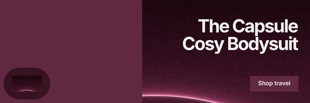 X header for By Teddy: "The Capsule Cosy Bodysuit". Swiss style, right layout, dark palette in red, black, pink.