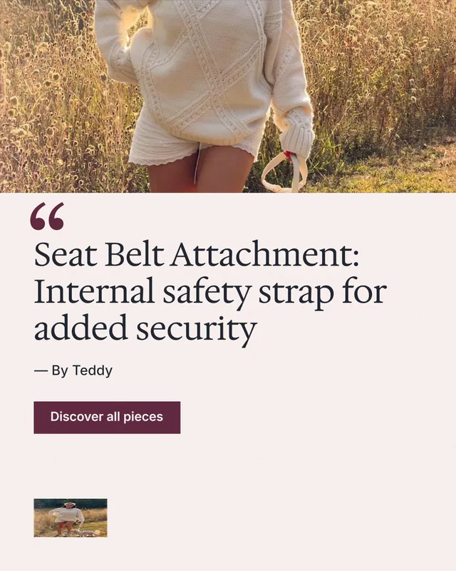 Instagram portrait post for By Teddy: "Seat Belt Attachment: Internal safety strap for added security". Swiss style, quote layout, light palette in white, orange.