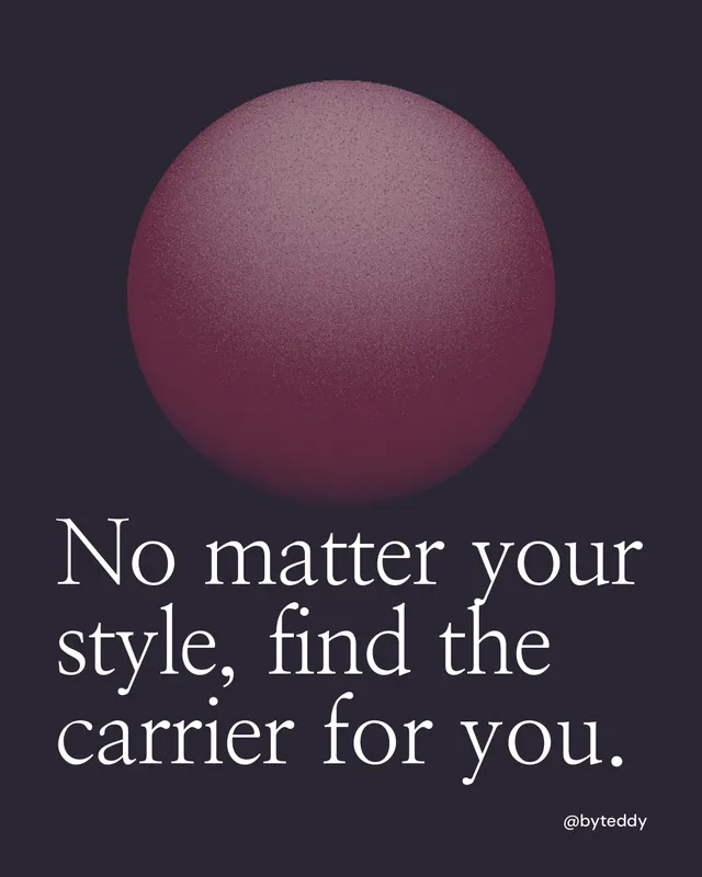 Instagram portrait post for By Teddy: "No matter your style, find the carrier for you." Auto 4x5 style, technique:shader field layout, dark palette in black, grey.