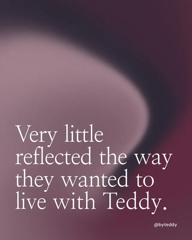 Instagram portrait post for By Teddy: "Very little reflected the way they wanted to live with Teddy." Auto 4x5 style, technique:shader field layout, dark palette in pink, grey.