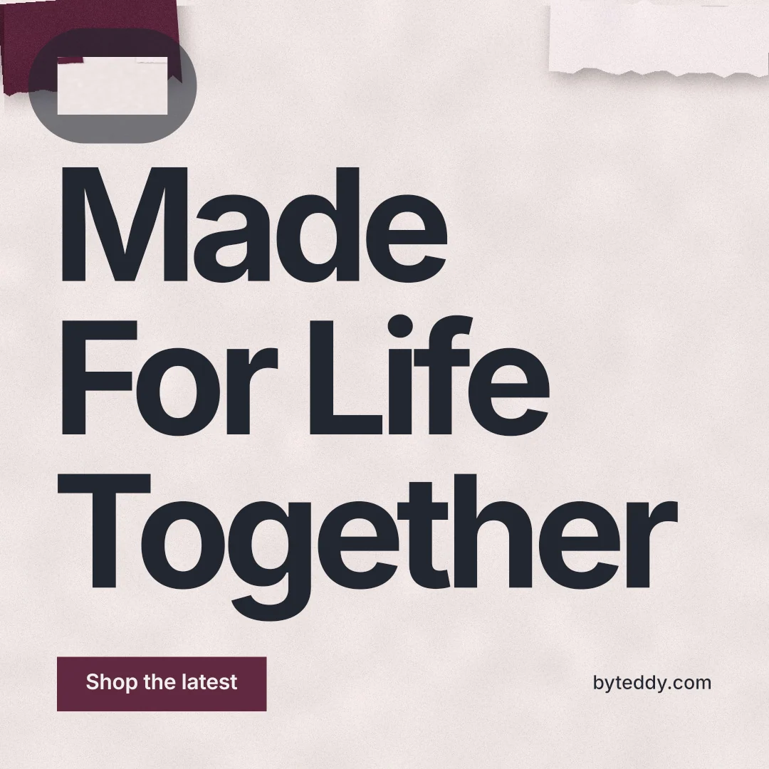 Instagram post for By Teddy: "Made For Life Together". Swiss style, poster layout, light palette in red, grey, white.