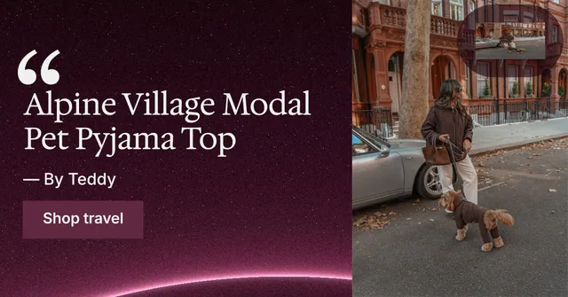 Social ad for By Teddy: "Alpine Village Modal Pet Pyjama Top". Swiss style, quote layout, dark palette in black, red, grey.