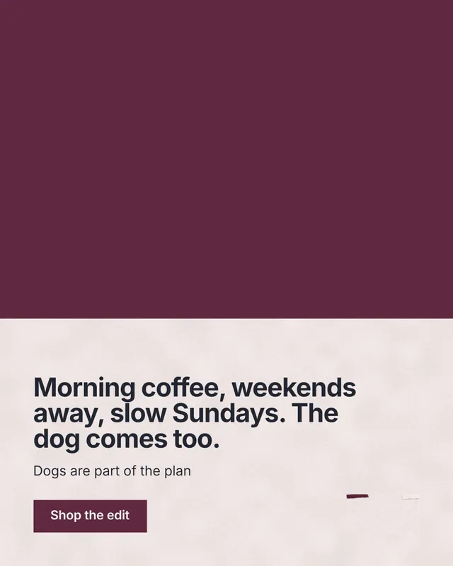 Instagram portrait post for By Teddy: "Morning coffee, weekends away, slow Sundays. The dog comes too." Swiss style, bottom layout, light palette in red, grey.