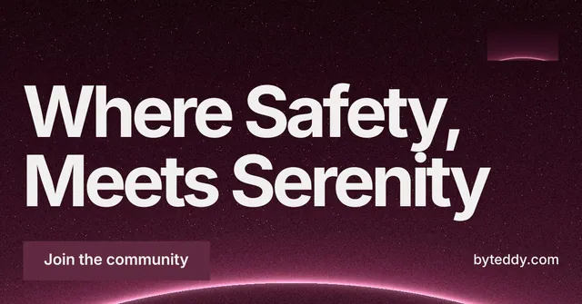 Social ad for By Teddy: "Where Safety, Meets Serenity". Swiss style, poster layout, dark palette in pink, black, grey.
