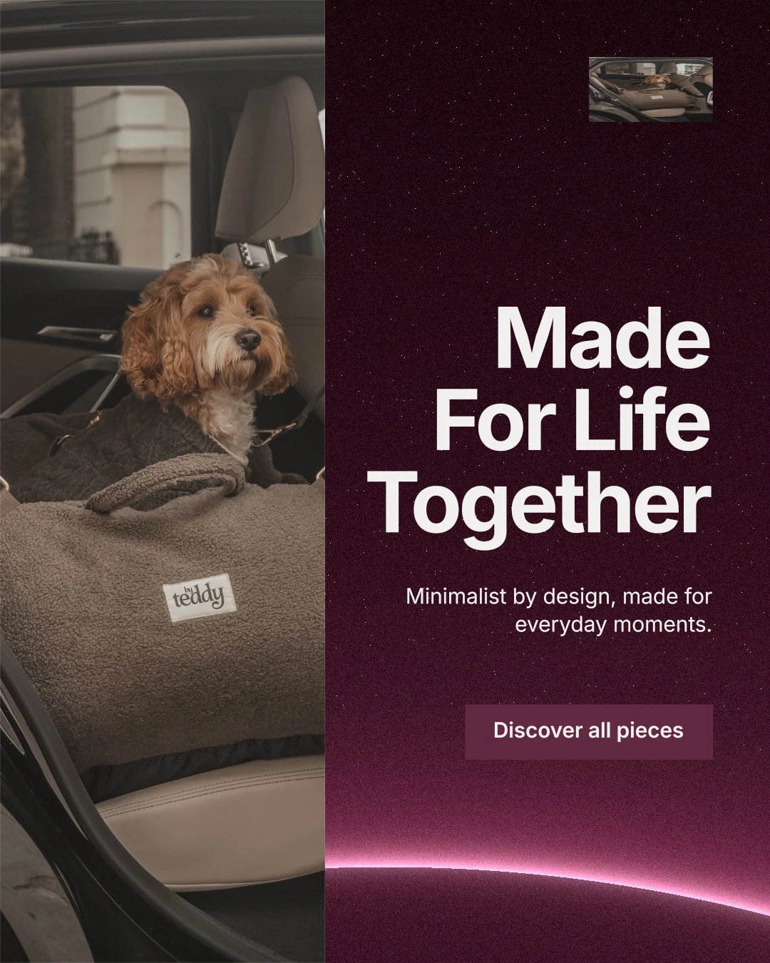 Instagram portrait post for By Teddy: "Made For Life Together". Swiss style, right layout, dark palette in grey, black, pink.