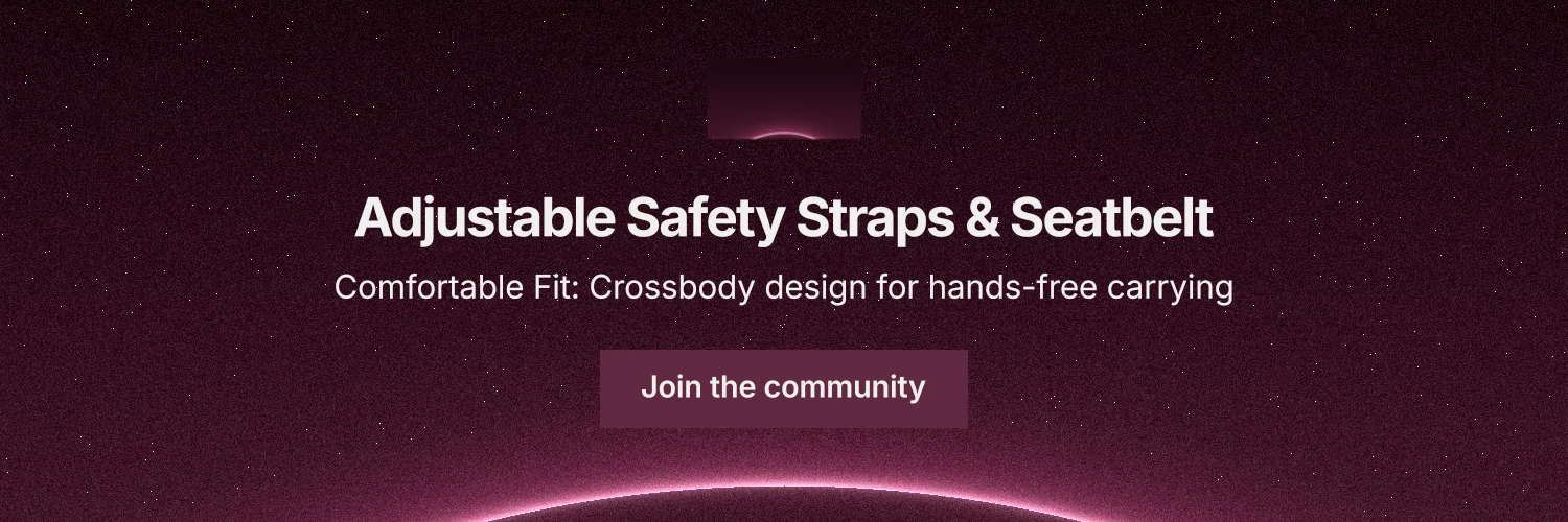 X header for By Teddy: "Adjustable Safety Straps & Seatbelt". Swiss style, centred layout, dark palette in pink, black.
