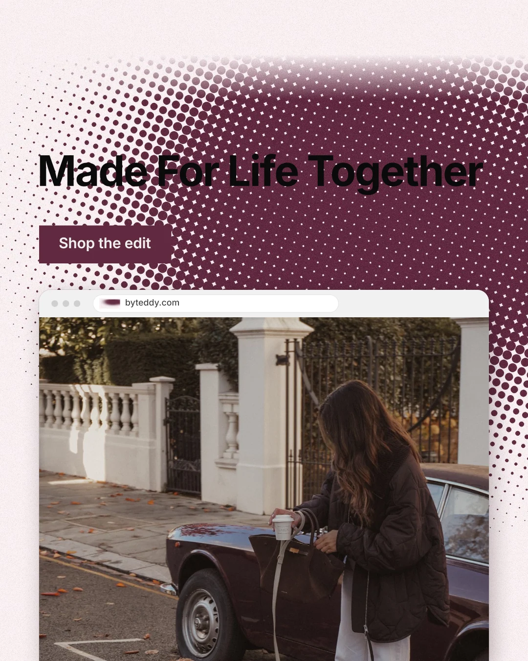 Instagram portrait post for By Teddy: "Made For Life Together". Swiss style, browser layout, light palette in white, red, grey.