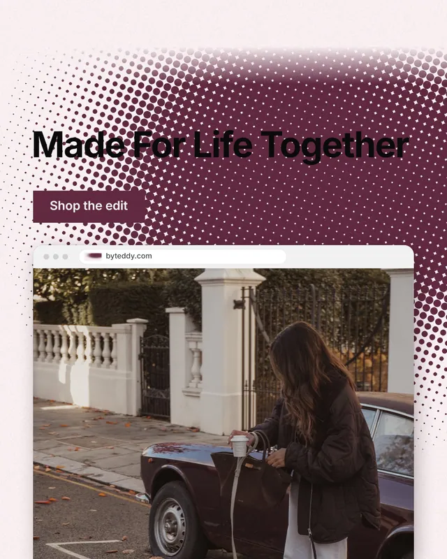 Instagram portrait post for By Teddy: "Made For Life Together". Swiss style, browser layout, light palette in white, red, grey.