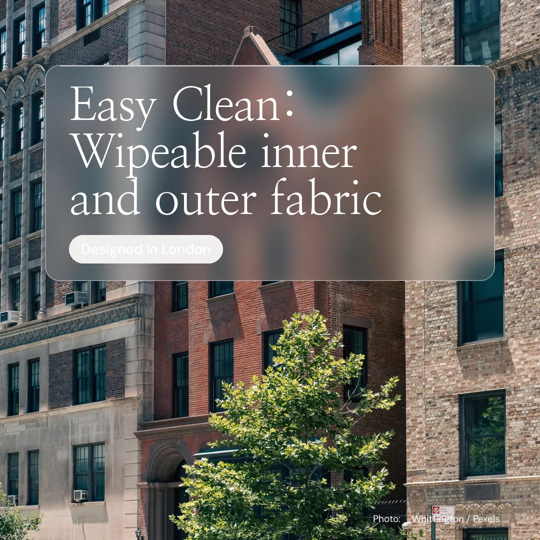 Instagram post for By Teddy: "Easy Clean: Wipeable inner and outer fabric". Glass style, technique:pexels ingredient layout, dark palette in grey, black.
