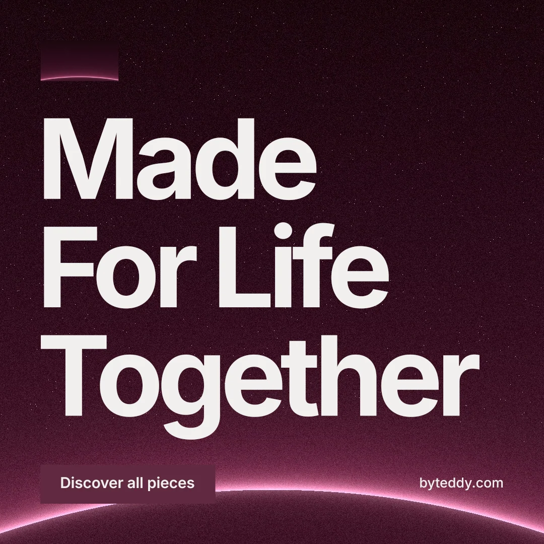 Instagram post for By Teddy: "Made For Life Together". Swiss style, poster layout, dark palette in black, pink, white.